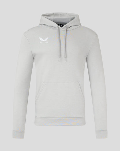 Front view of light gray cotton leisure hoodie with drawstring hood and kangaroo pocket