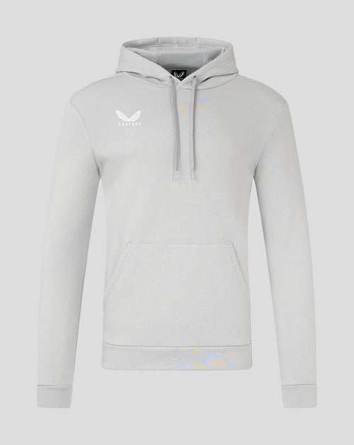 Front view of light gray cotton leisure hoodie with drawstring hood and kangaroo pocket