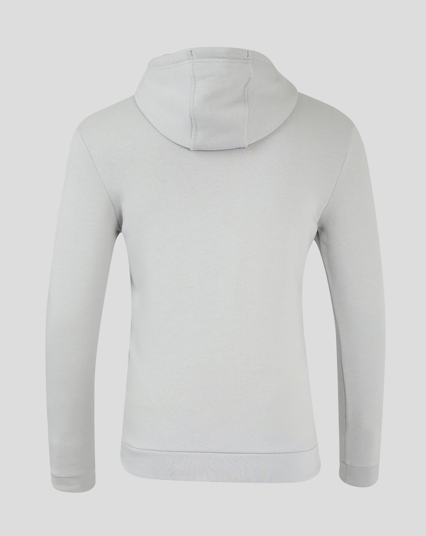 Back view of light gray cotton leisure hoodie showing hood and shoulder seams