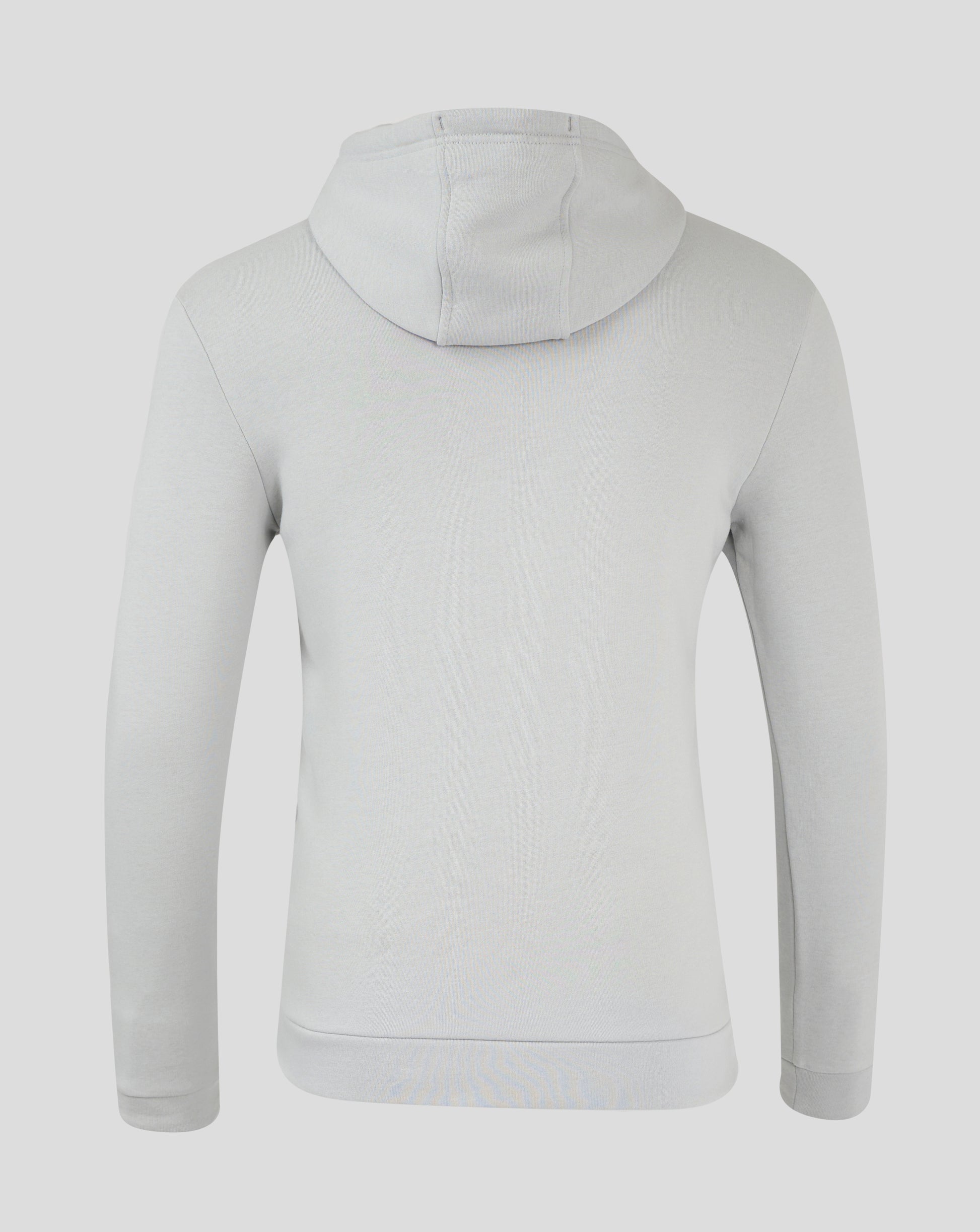 Back view of light gray cotton leisure hoodie showing hood and shoulder seams
