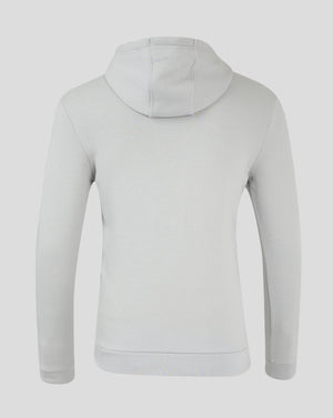 Back view of light gray cotton leisure hoodie showing hood and shoulder seams