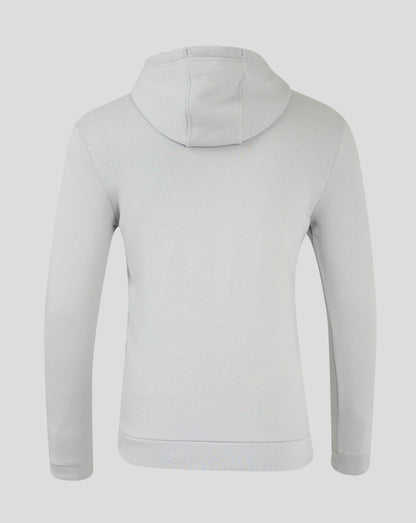 Back view of light gray cotton leisure hoodie showing hood and shoulder seams