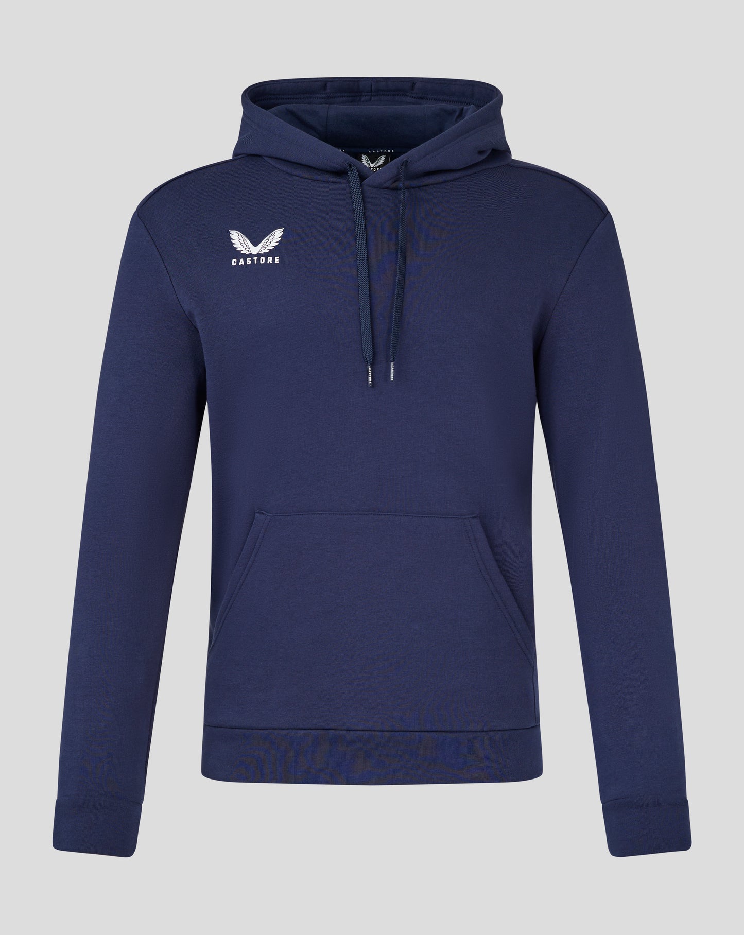 Navy cotton leisure hoodie with a white Castore logo on the left chest, hood and kangaroo pocket.