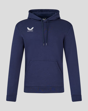Navy cotton leisure hoodie with a white Castore logo on the left chest, hood and kangaroo pocket.