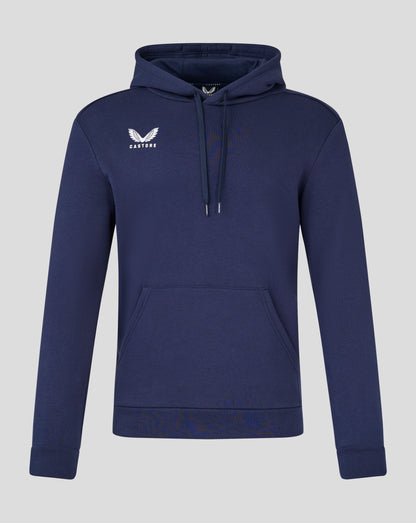 Navy cotton leisure hoodie with a white Castore logo on the left chest, hood and kangaroo pocket.