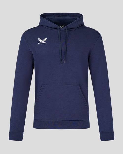 Navy cotton leisure hoodie with a white Castore logo on the left chest, hood and kangaroo pocket.