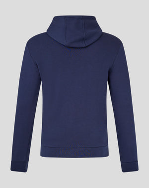 Back view of navy Castore hoodie with hood up and visible shoulder seams.