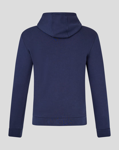 Back view of navy Castore hoodie with hood up and visible shoulder seams.
