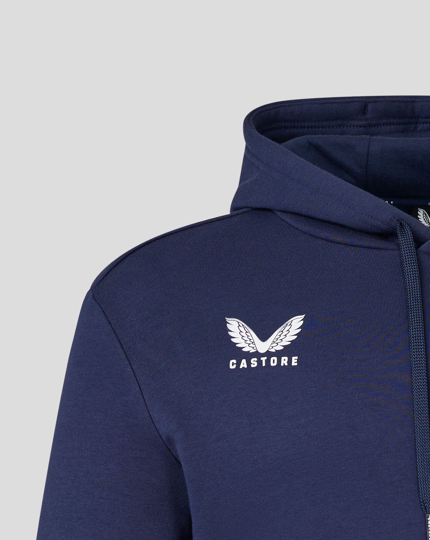 Rear view of navy hoodie focusing on the hood and upper back seam.