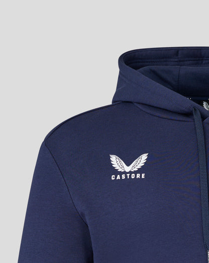 Rear view of navy hoodie focusing on the hood and upper back seam.