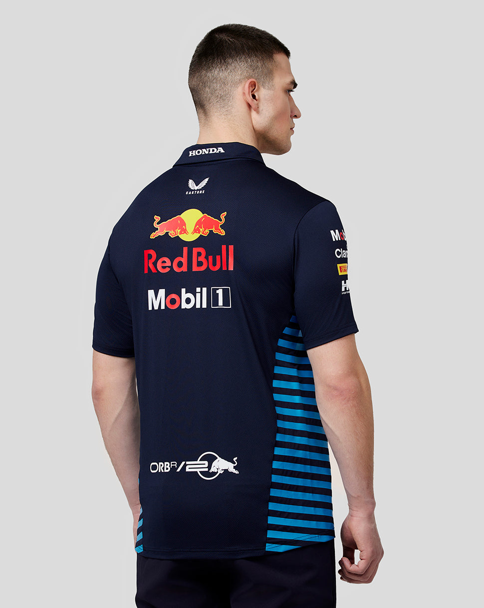 Back view of night sky navy Oracle Red Bull Racing polo with large Red Bull and Mobil 1 logos