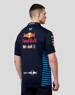 Back view of night sky navy Oracle Red Bull Racing polo with large Red Bull and Mobil 1 logos