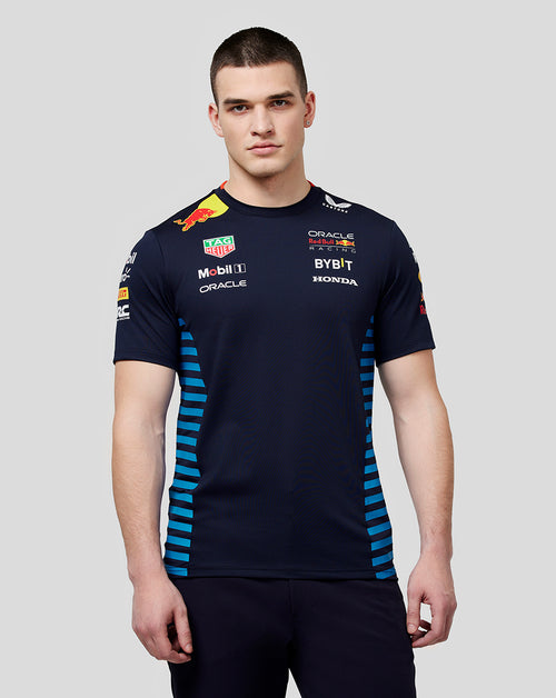 Front view of navy Oracle Red Bull Racing Set Up T Shirt in night sky with multiple sponsor logos on the chest