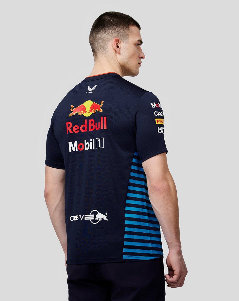 Back view of navy Red Bull Racing Set Up T Shirt showing a large Red Bull graphic on the upper back and blue side stripes