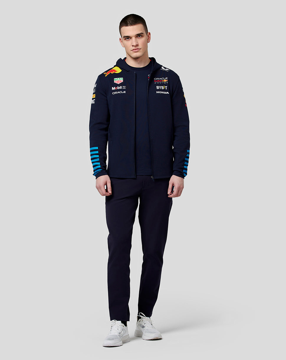 Rear view of navy Red Bull Racing hoodie showing bold Red Bull logo on back and Orb branding at lower back