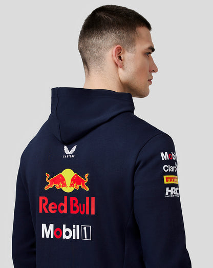 Back view of navy Oracle Red Bull Racing Teamline Full Zip Hoodie featuring a large Red Bull graphic on the back
