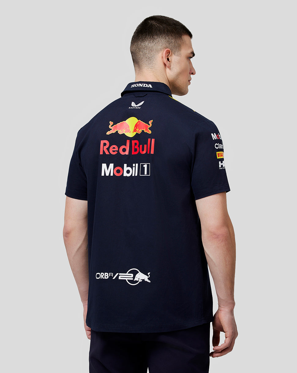 Back view of navy Oracle Red Bull Racing Teamline Short Sleeve Shirt with large Red Bull logo and sponsor graphics