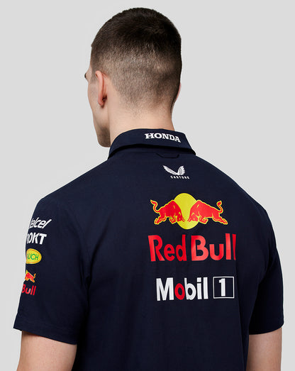 Back view of navy Oracle Red Bull Racing Teamline short sleeve buttoned shirt with a large Red Bull logo on the back