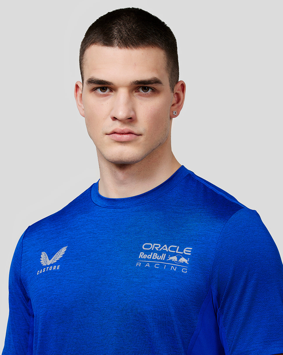 Male model in blue Oracle Red Bull Racing tee with chest logos