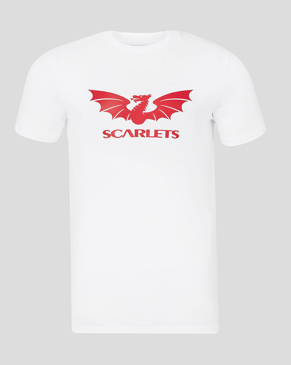 White Scarlets men's short sleeve T shirt with red dragon logo across chest.