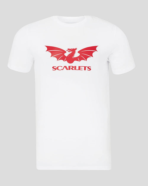 White Scarlets men's short sleeve T shirt with red dragon logo across chest.