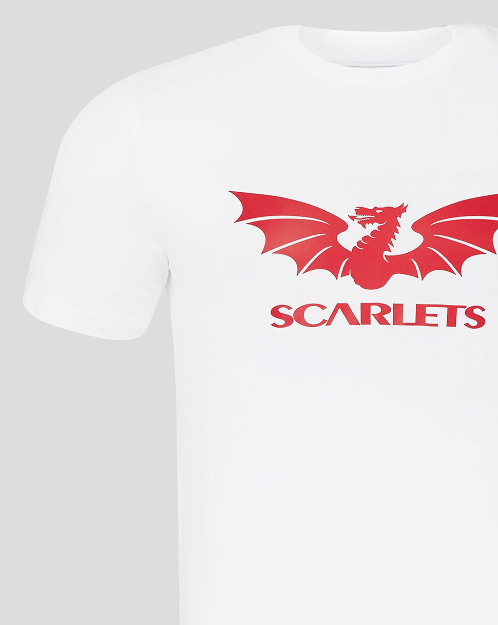 White Scarlets men's short sleeve T shirt with red dragon logo and SCARLETS wordmark on the chest