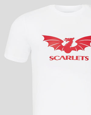 White Scarlets men's short sleeve T shirt with red dragon logo and SCARLETS wordmark on the chest
