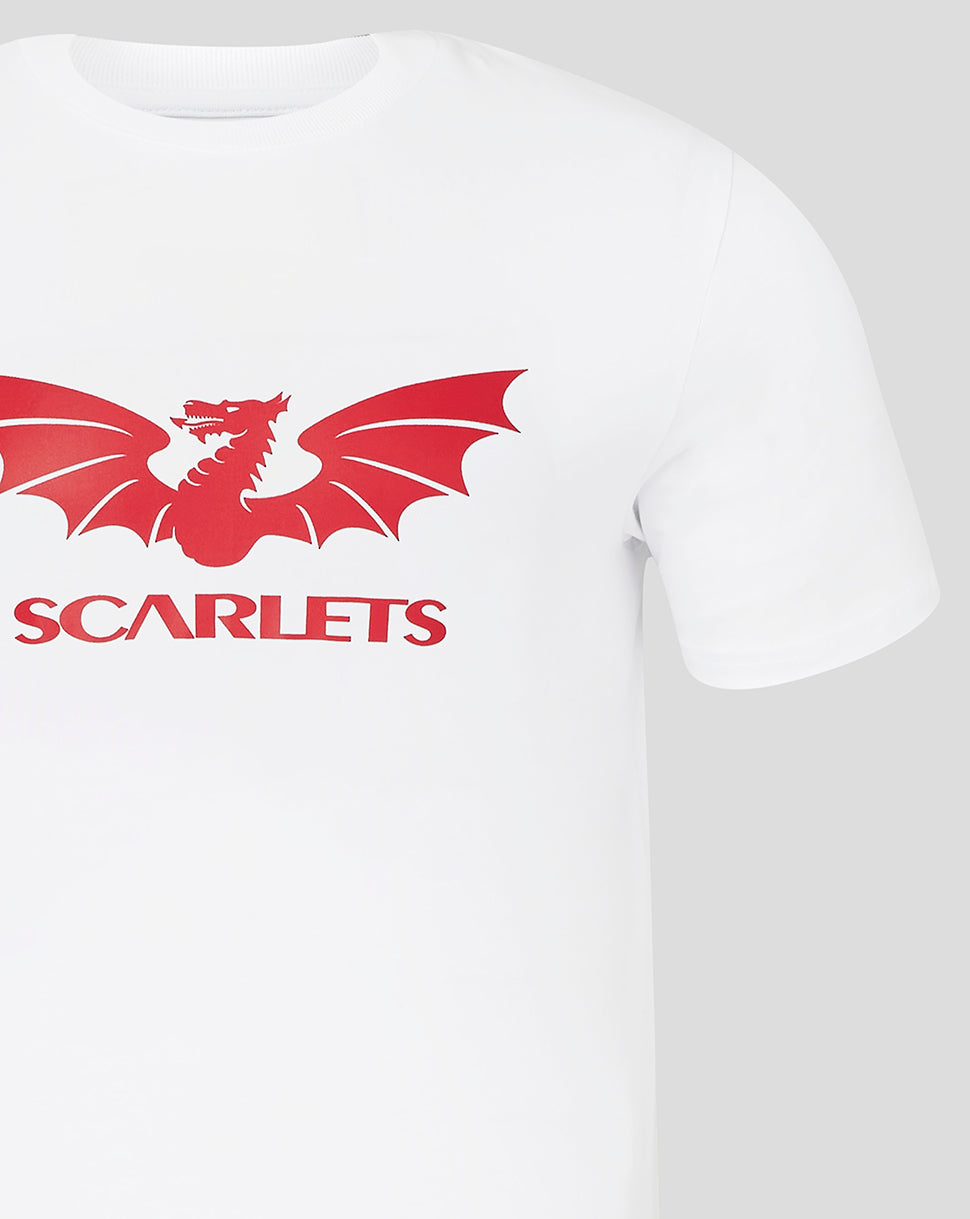 Front close up of a white Scarlets T shirt showing the red dragon emblem and SCARLETS lettering