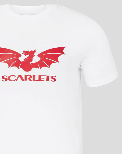 Front close up of a white Scarlets T shirt showing the red dragon emblem and SCARLETS lettering