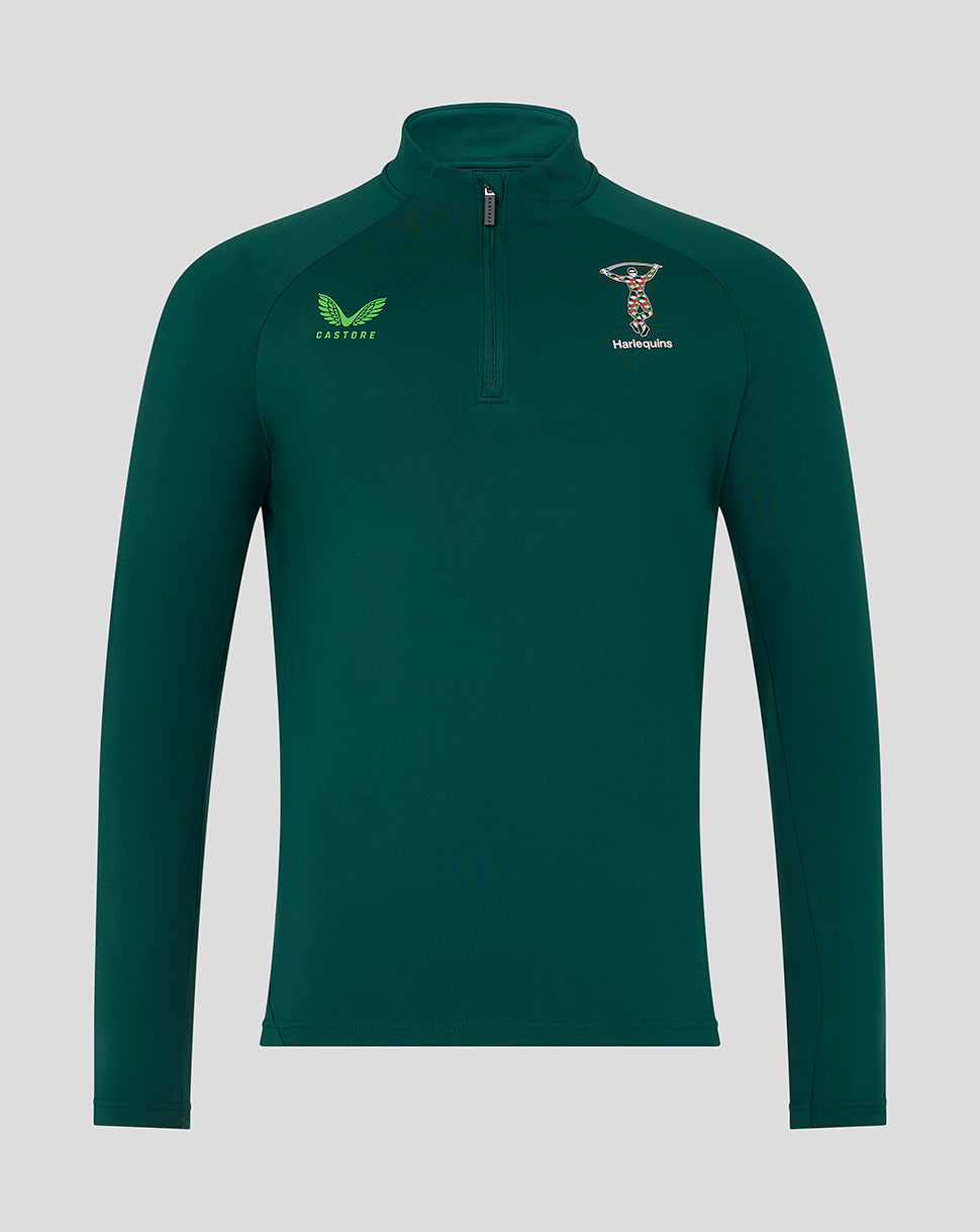 Green Harlequins Lifestyle Quarter Zip Top with grown-on funnel collar center zip left chest Harlequins crest and right chest Castore logo
