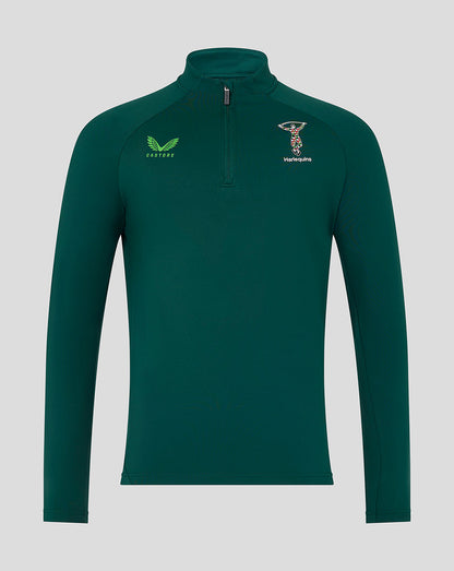 Green Harlequins Lifestyle Quarter Zip Top with grown-on funnel collar center zip left chest Harlequins crest and right chest Castore logo