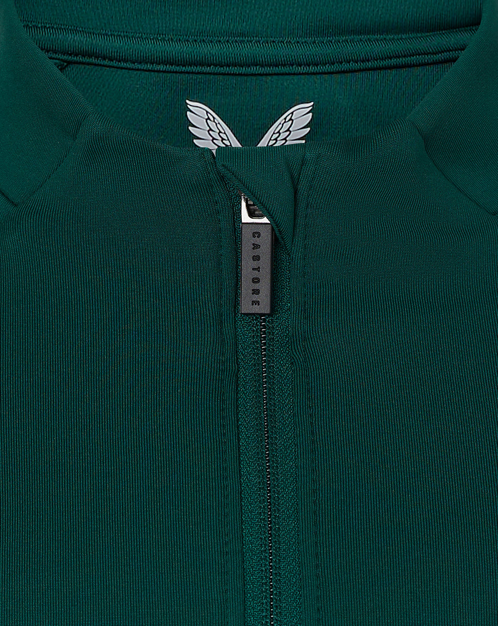 Close-up of green Harlequins Lifestyle Quarter Zip with front zipper and crest visible