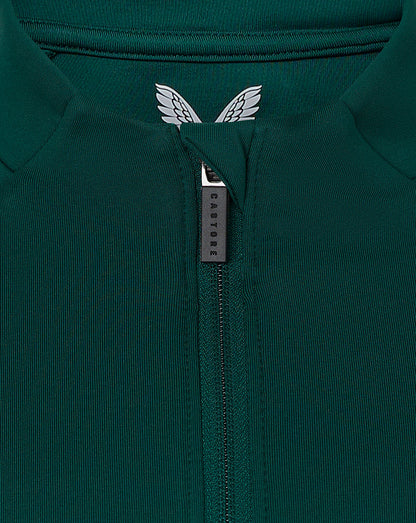 Close-up of green Harlequins Lifestyle Quarter Zip with front zipper and crest visible