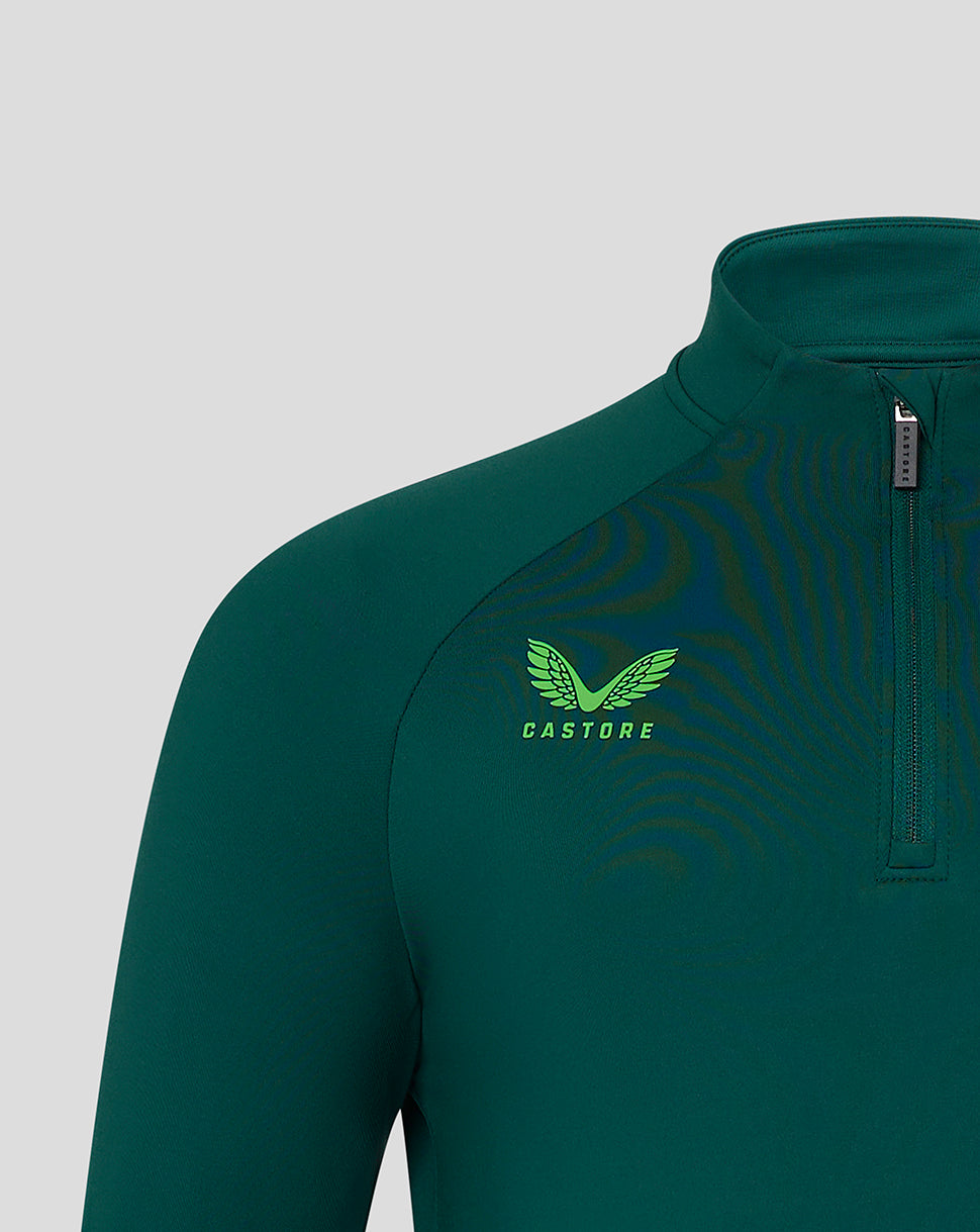 Close-up of green Harlequins Lifestyle Quarter Zip showing silicon Harlequins crest on left chest and zipper detail