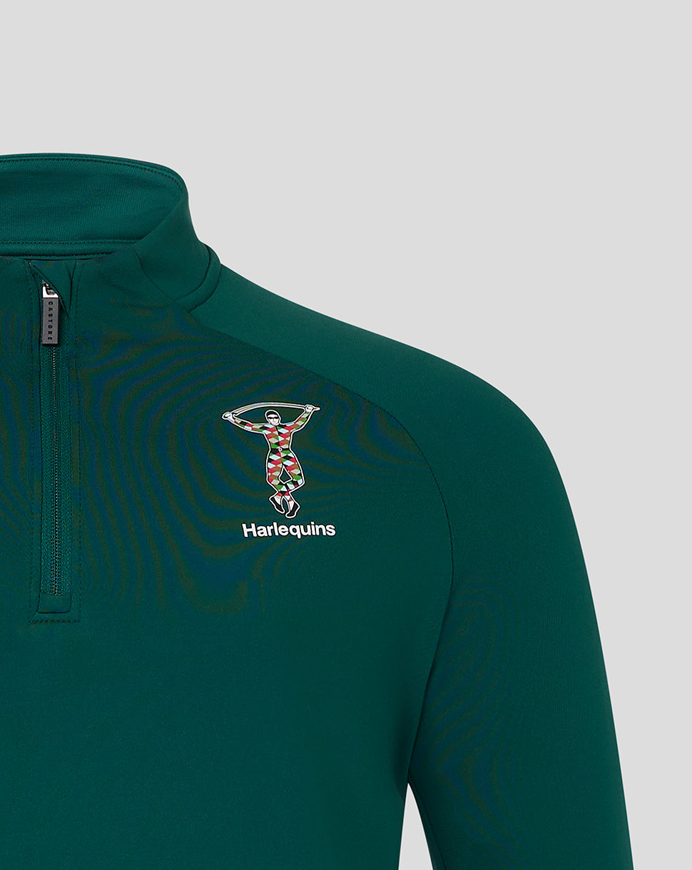 Detail view of the green Harlequins Lifestyle Quarter Zip with Harlequins crest on left chest and collar and partial zipper