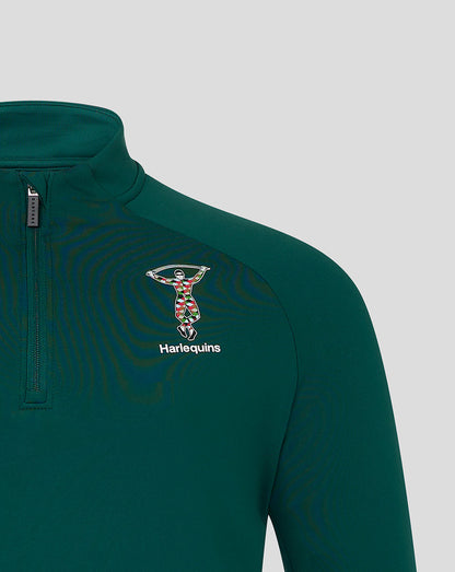 Detail view of the green Harlequins Lifestyle Quarter Zip with Harlequins crest on left chest and collar and partial zipper