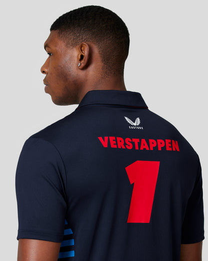 Side profile of male model in night sky Max Verstappen polo with team branding and Verstappen name on back