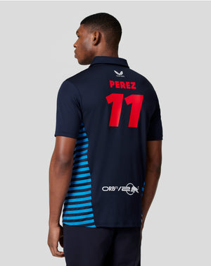 Back view of navy Red Bull Racing polo with PEREZ 11 in red on the back and Castore branding at the lower back.