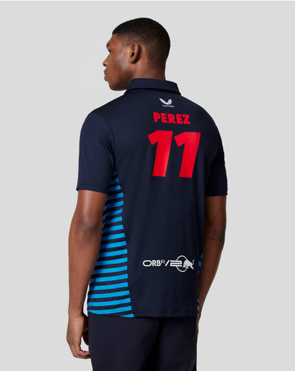 Back view of navy Red Bull Racing polo with PEREZ 11 in red on the back and Castore branding at the lower back.