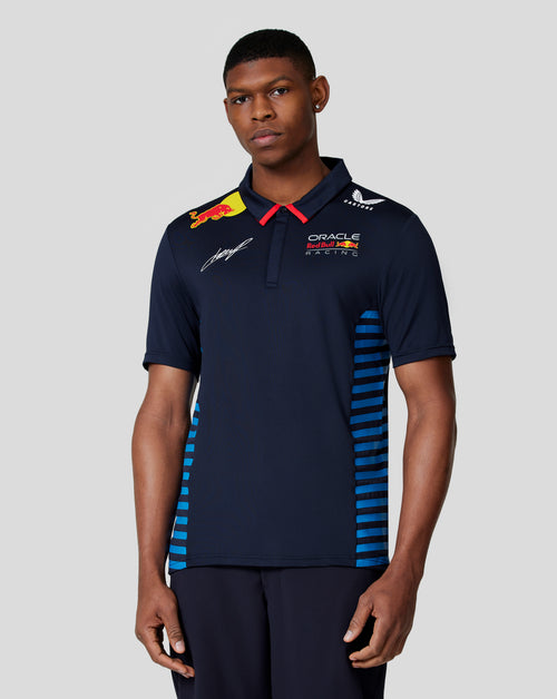 Male model in night sky Checo polo with blue side stripes and racing branding