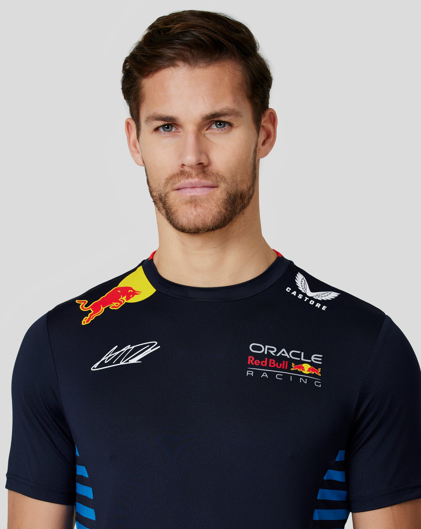 Front view of night sky navy Oracle Red Bull Racing Teamline T shirt featuring chest logos and crew neck.