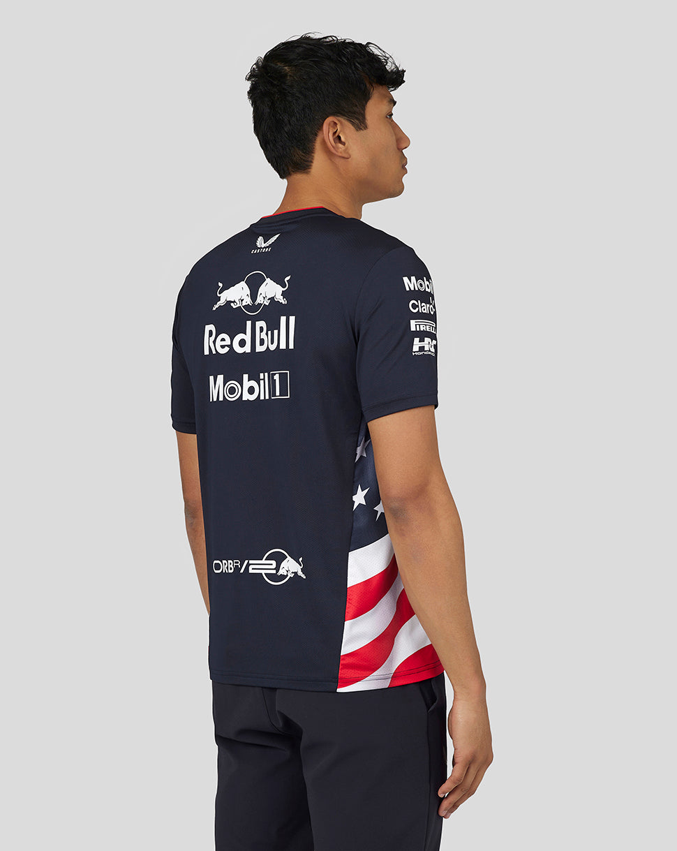 Back view of a navy Night Sky Oracle Red Bull Racing America Race Team T Shirt with large back logos