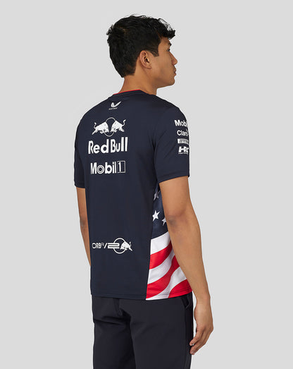 Back view of a navy Night Sky Oracle Red Bull Racing America Race Team T Shirt with large back logos