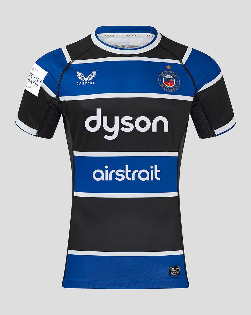 Bath Rugby Home Pro Jersey front view featuring blue black panels, Dyson sponsor across chest, Bath Rugby crest on left chest and airstrait branding.