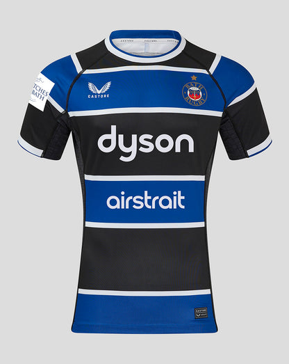 Bath Rugby Home Pro Jersey front view featuring blue black panels, Dyson sponsor across chest, Bath Rugby crest on left chest and airstrait branding.