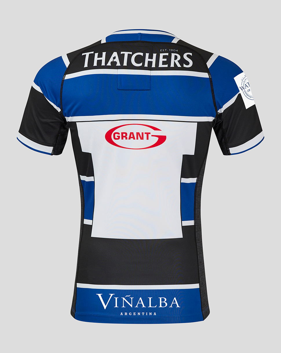 Back view of Bath Rugby Home Pro Shirt with Thatchers across the upper back, Grant logo at mid back, and Viñalba Argentina on the hem.