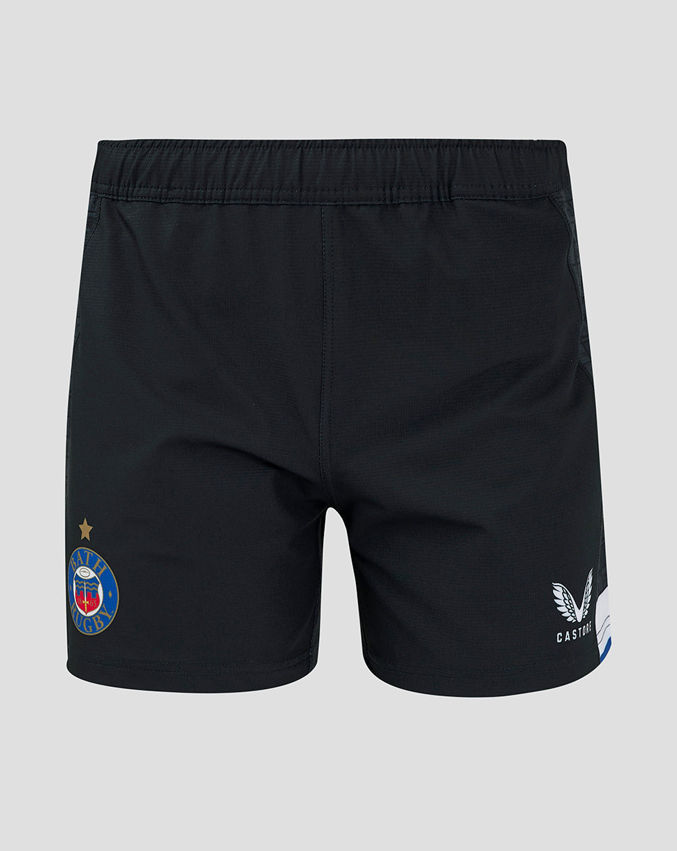 Back view of Bath Rugby Men's Home Pro Shorts in black with crest on left thigh and Castore branding on right thigh
