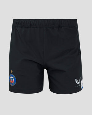 Back view of Bath Rugby Men's Home Pro Shorts in black with crest on left thigh and Castore branding on right thigh