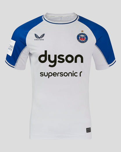 Front view of Bath Rugby 24/25 away pro shirt white body blue sleeves Castore logo Bath crest and Dyson sponsor.