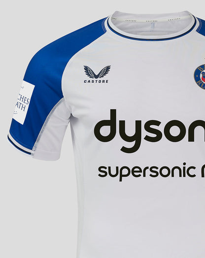 Front view of Bath Rugby Away Pro Shirt in white with blue sleeves, Castore logo, Bath crest, and Dyson sponsor.